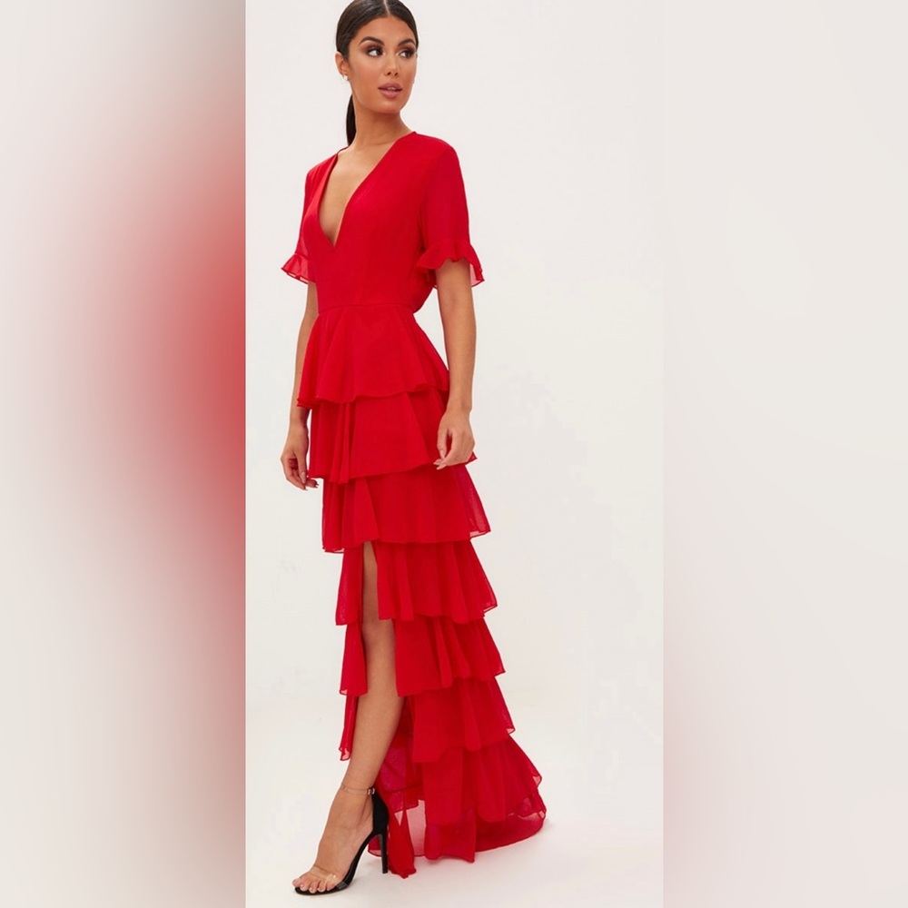 NWT PLT Red Chiffon Ruffle Layer Maxi Dress
